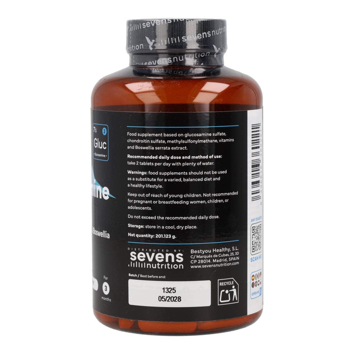 Glucosamine Chondroïtine MSM Boswellia Vitamines C et D3 Sevens Nutrition 180 gélules