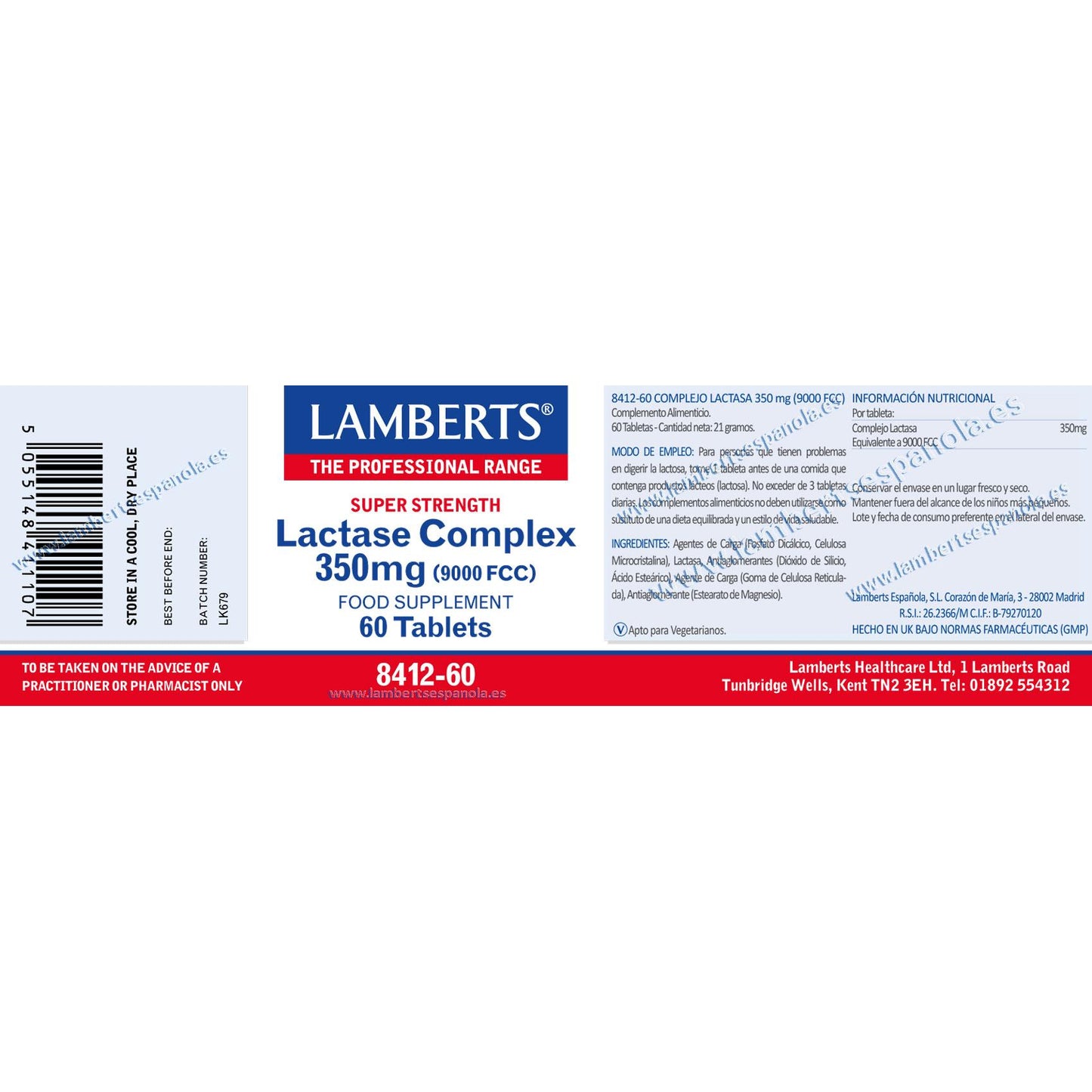Lactasa Enzima Digestiva en tabletas Lamberts 350 mg
