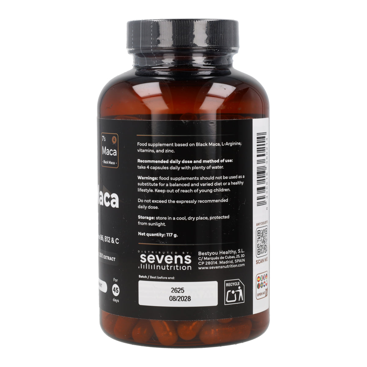 Maca noire avec L-arginine, zinc et vitamines B6, B12 et C Sevens Nutrition 180 gélules
