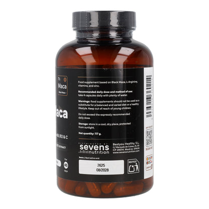 Maca noire avec L-arginine, zinc et vitamines B6, B12 et C Sevens Nutrition 180 gélules