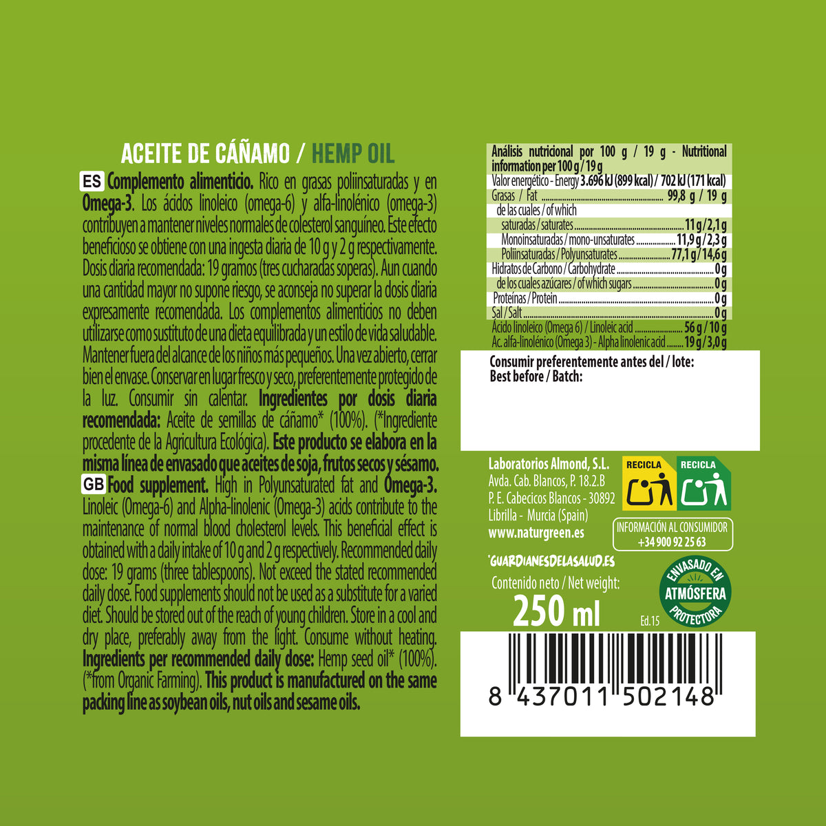 Huile de chanvre bio, NaturGreen 250 ml