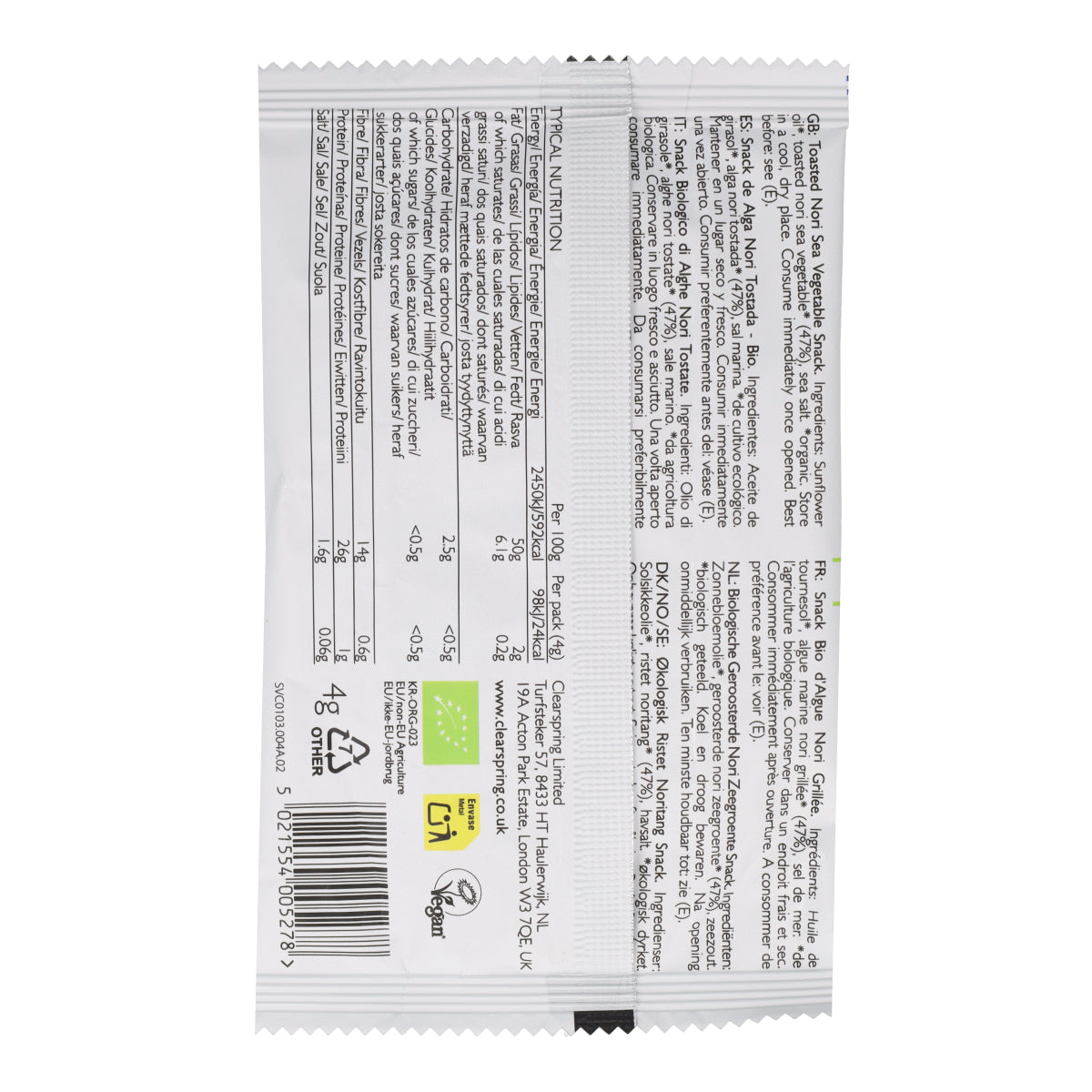 Snack aux algues nori grillées bio Clearspring 4 g