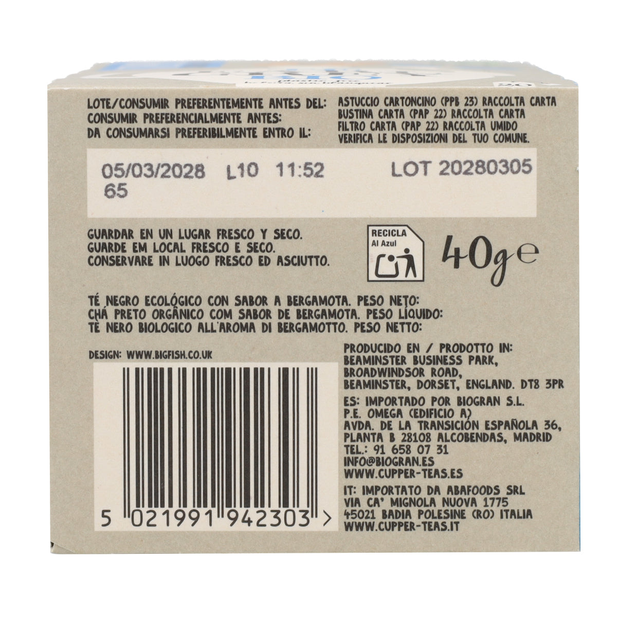 Thé noir Earl Grey Bio Cupper 20 sachets