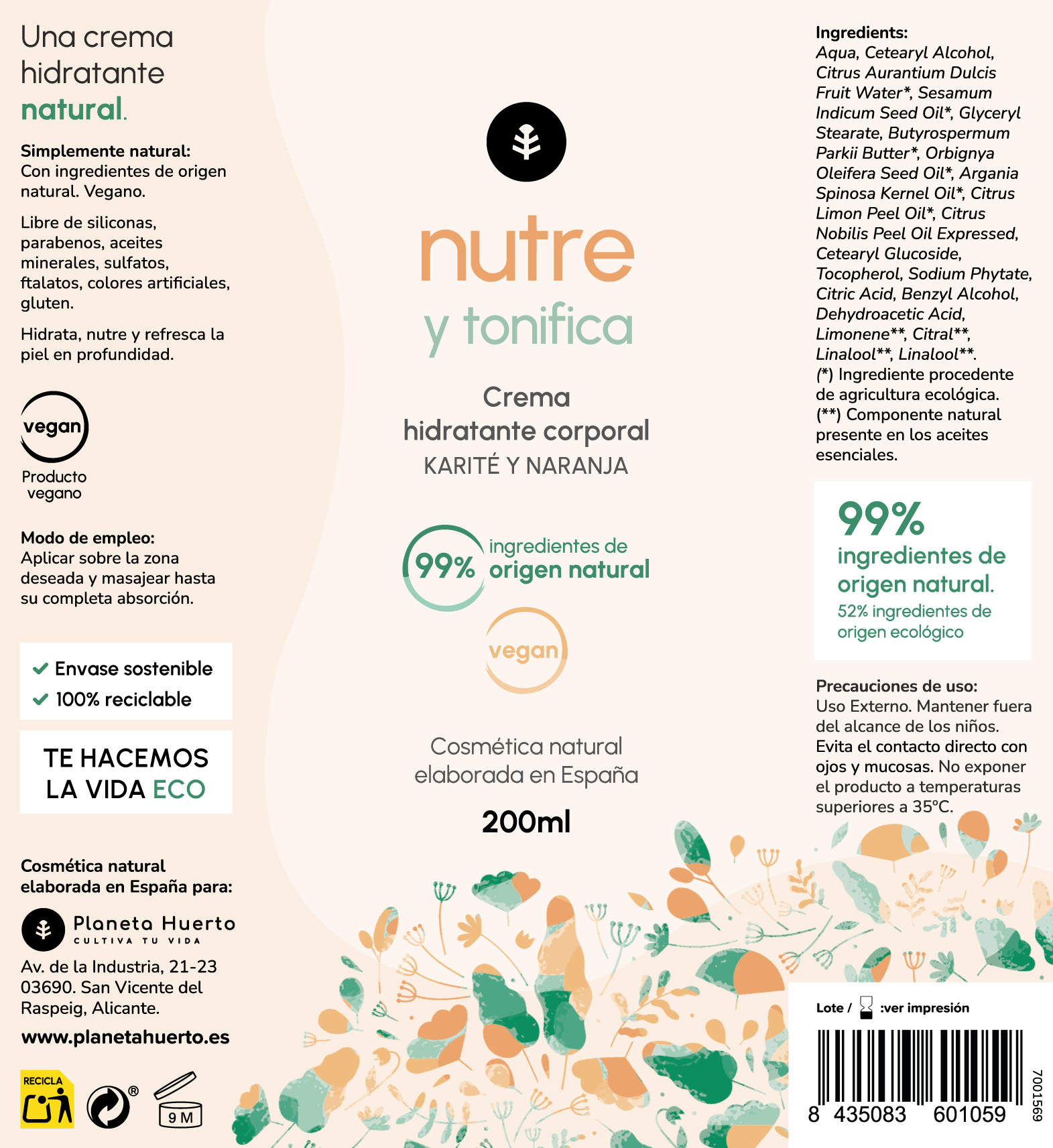 Crema hidratante corporal Karité y Naranja Planeta Huerto 200 ml