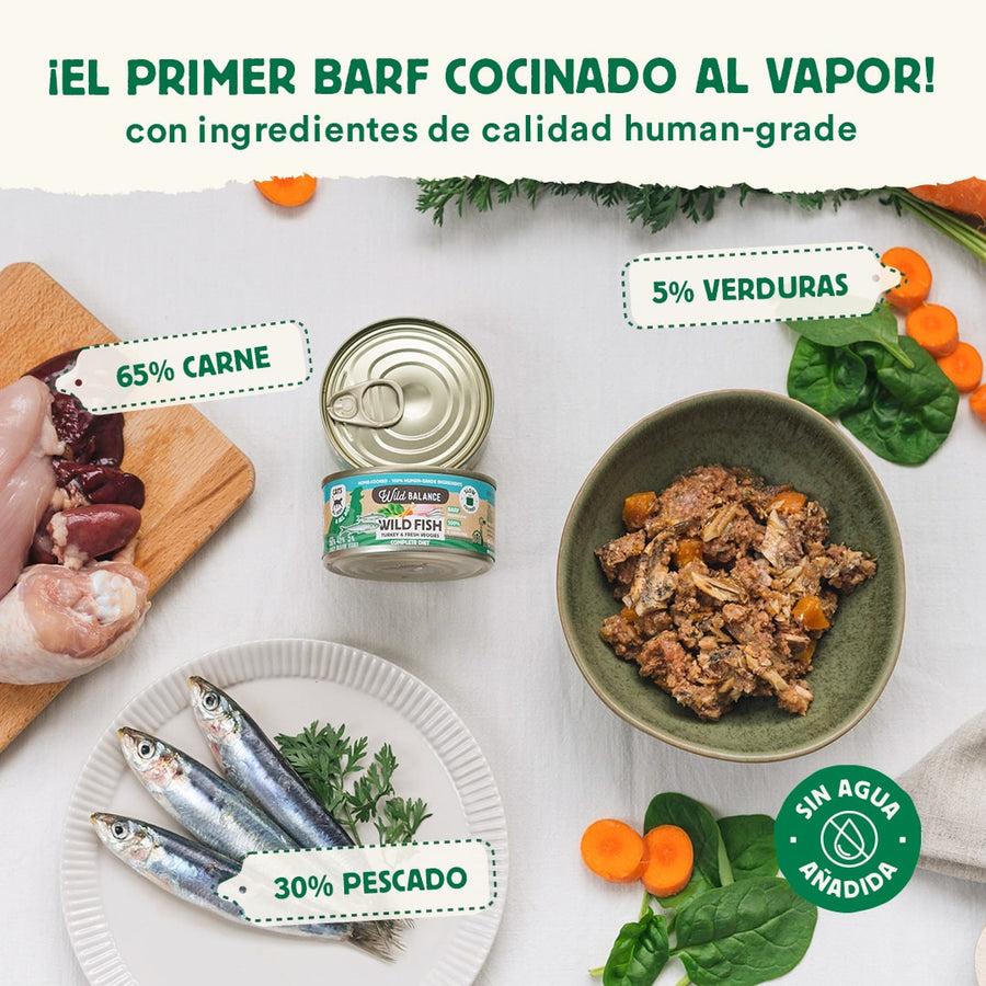 Pack 6x Lata de Pescado y Pavo BARF para gatos 120 g Wild Balance + Regalo: Tapa reutilizable para latas, Wild Balance