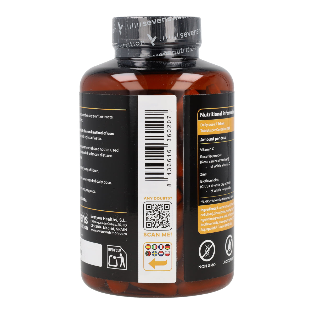 Vitamine C avec Zinc, Bioflavonoïdes et Cynorhodon Sevens Nutrition 180 gélules