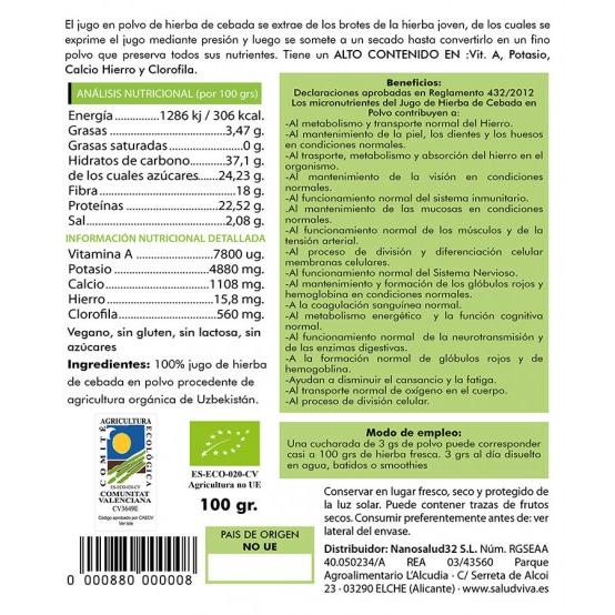 Jugo de hierba de cebada en polvo ECO 100 g, Salud Viva