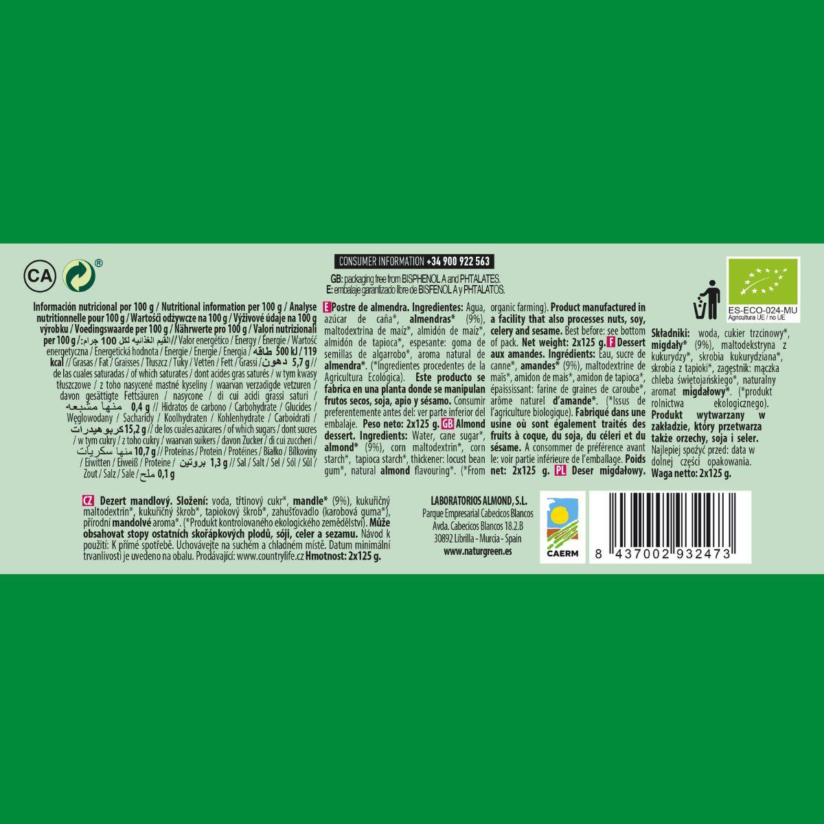 Postre de Almendra Vanilla NaturGreen, 2 X 125 g
