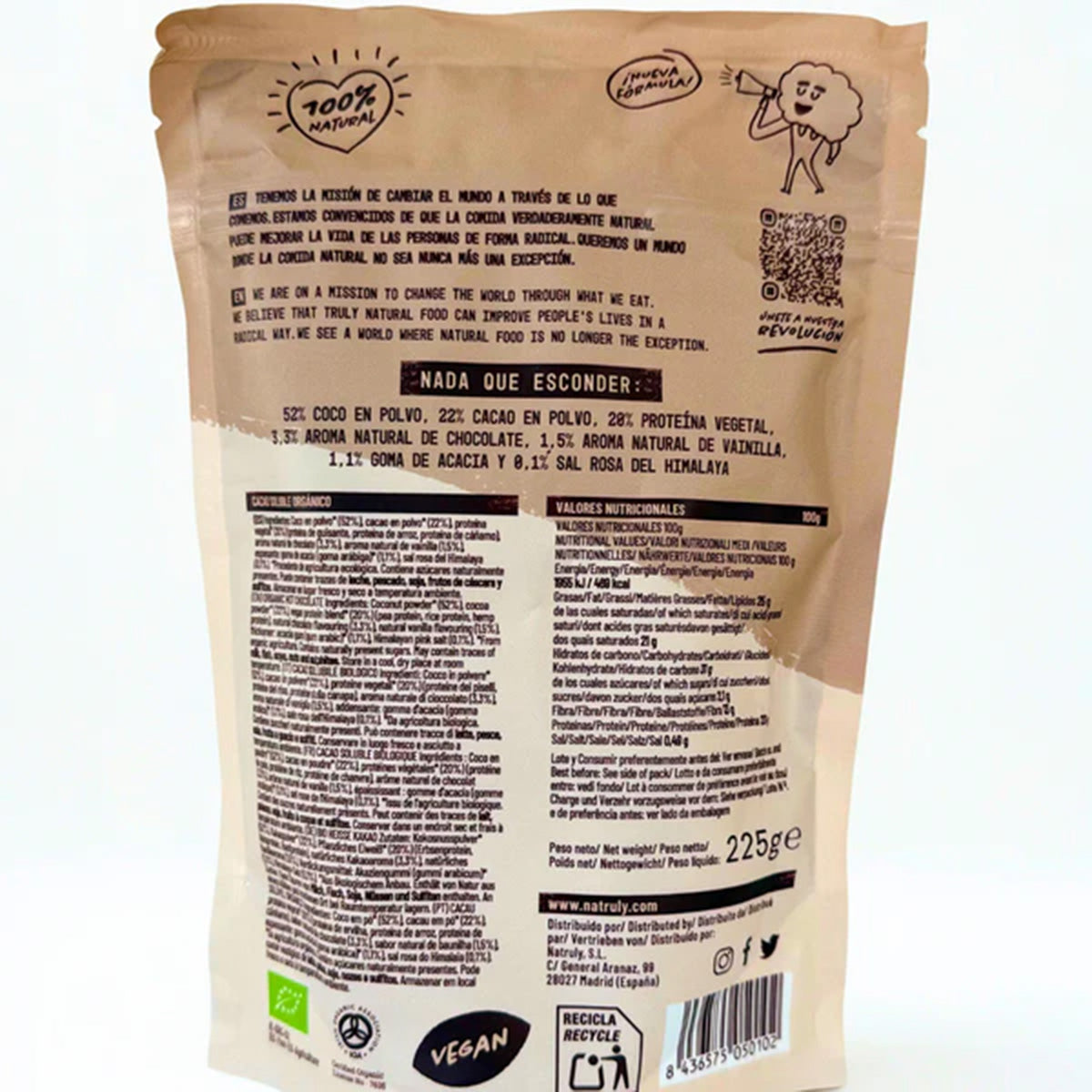 Cacao Soluble BIO Alto en proteínas Natruly 225 g
