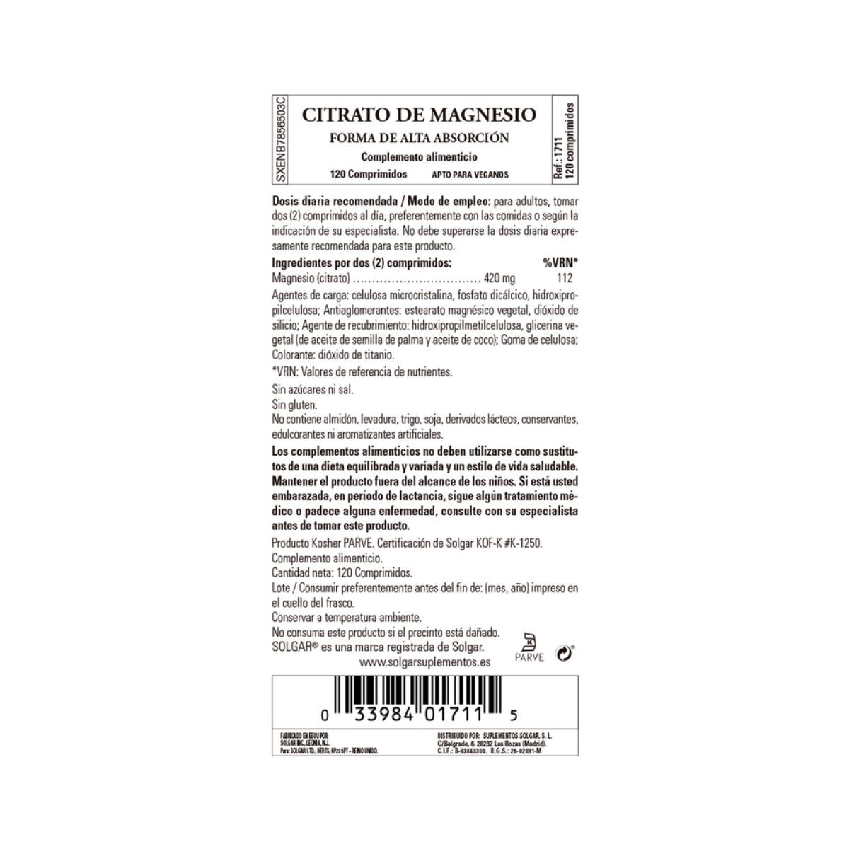 Citrato de magnesio 120 comprimidos-Solgar