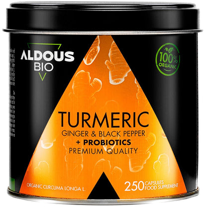 Cúrcuma Ecológica con Jengibre, Pimienta Negra y Probióticos, 250 cápsulas. Aldous Bio