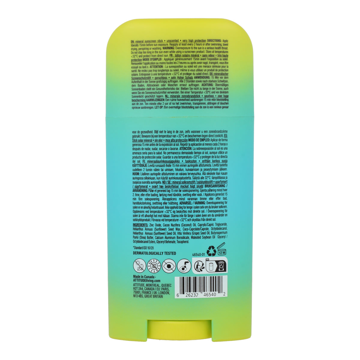 Stick de protection solaire minérale visage et corps FPS 50 sans parfum Attitude Sunly 60 g