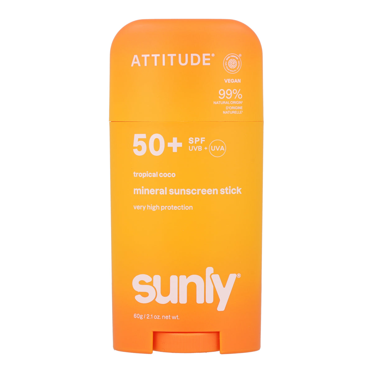 Crème solaire minérale en bâton pour le visage et le corps FPS 50 noix de coco tropicale Attitude Sunly 60 g
