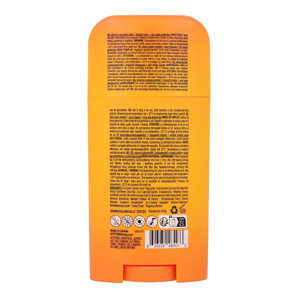 Crème solaire minérale en bâton pour le visage et le corps FPS 50 noix de coco tropicale Attitude Sunly 60 g