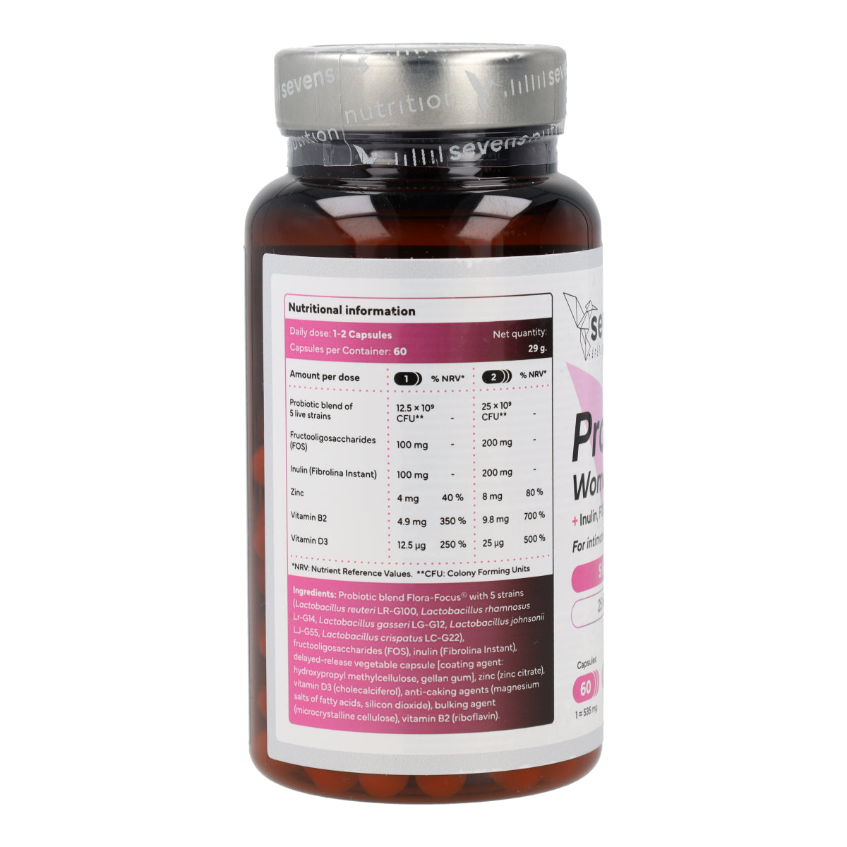 Probiotiques Flore Intime Femme avec Inuline FOS Zinc et Vitamines B2 et D3 Sevens Nutrition 60 capsules
