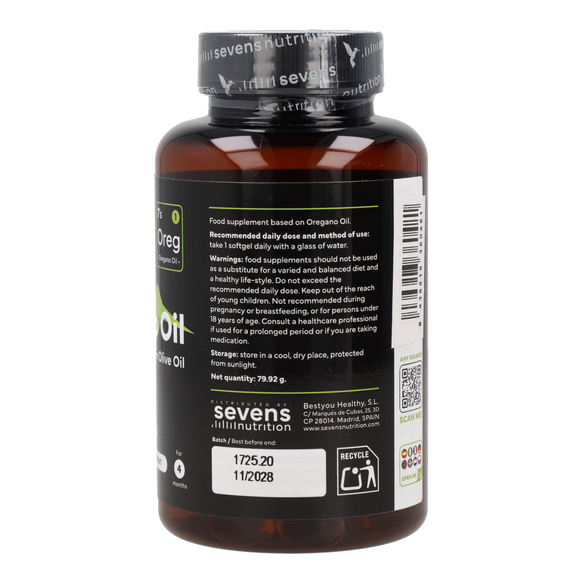 Huile d'Origan 80% Carvacrol avec Huile d'Olive Vierge Extra Bio Sevens Nutrition 120 gélules