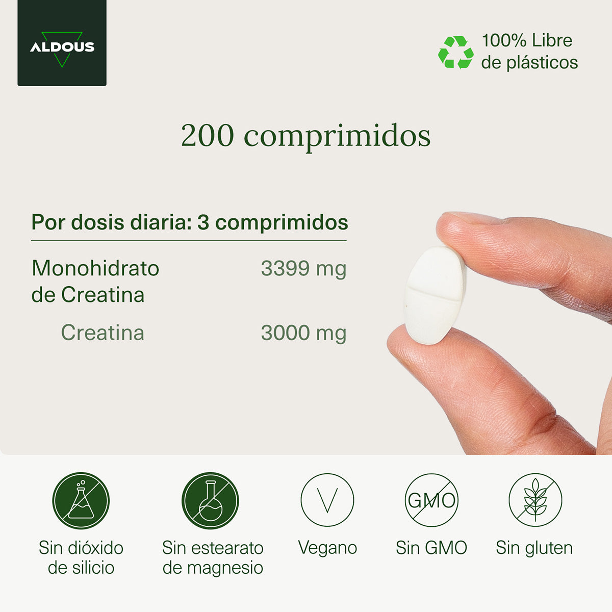 Creatina Monohidratada Aldous 3000 mg 200 comprimidos