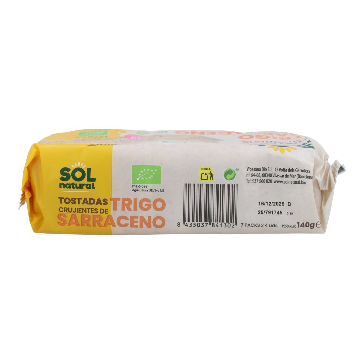 Tranches de pain de sarrasin sans gluten Sol Natural 140 g BIO