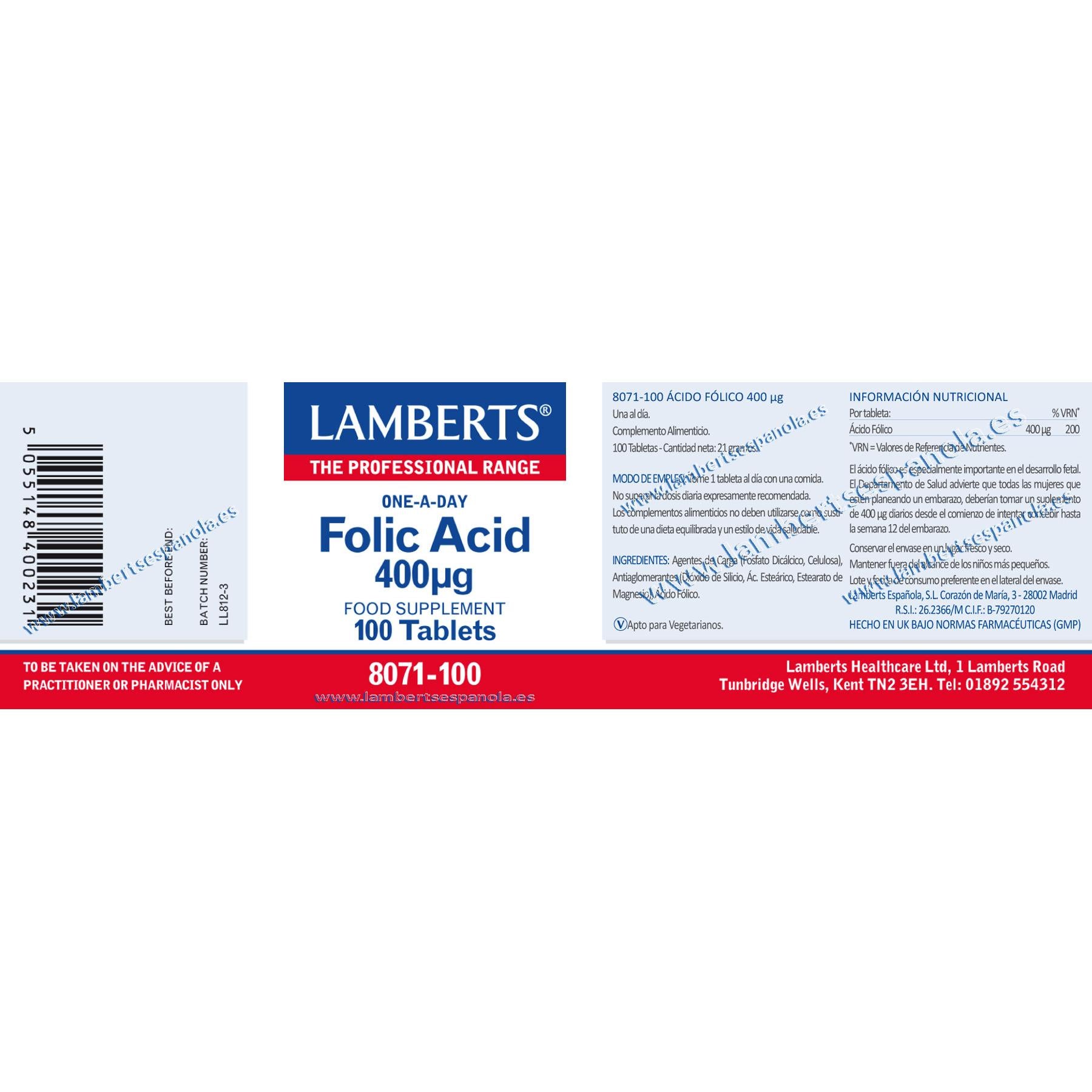 Ácido Fólico 100 tabletas de 400 μg, Lamberts