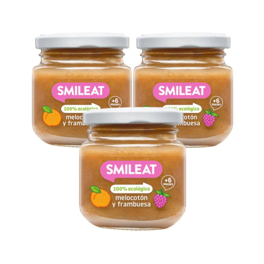 PROMO 3x Tarrito de Frambuesa y Melocotón Ecológico Smileat, 130g