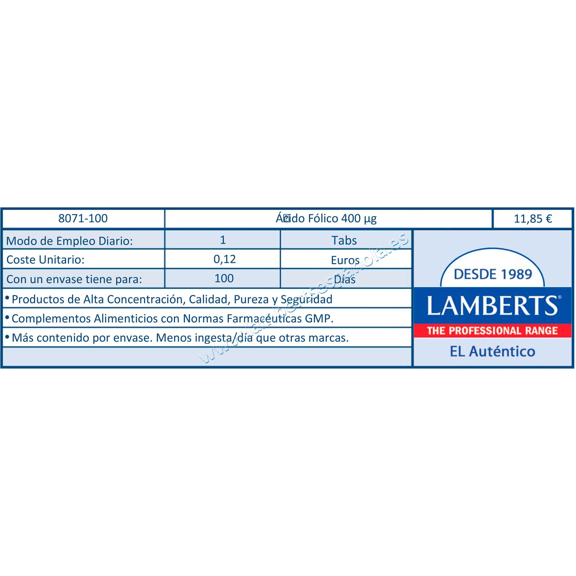 Ácido Fólico 100 tabletas de 400 μg, Lamberts
