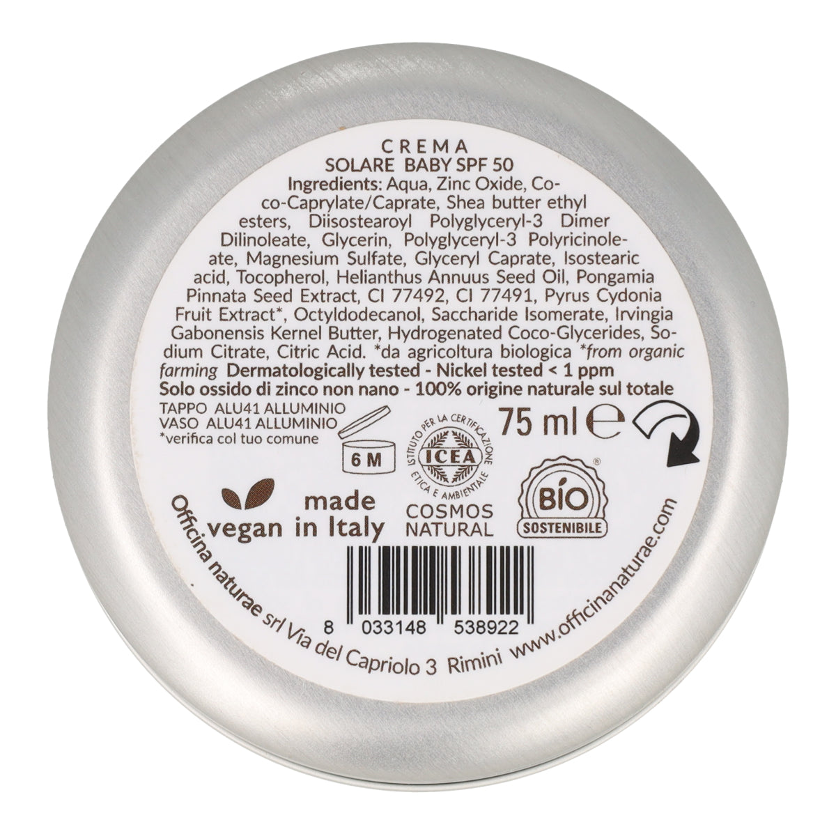 Crème solaire en pot SPF 50 Bébé Officina Naturae 75 ml
