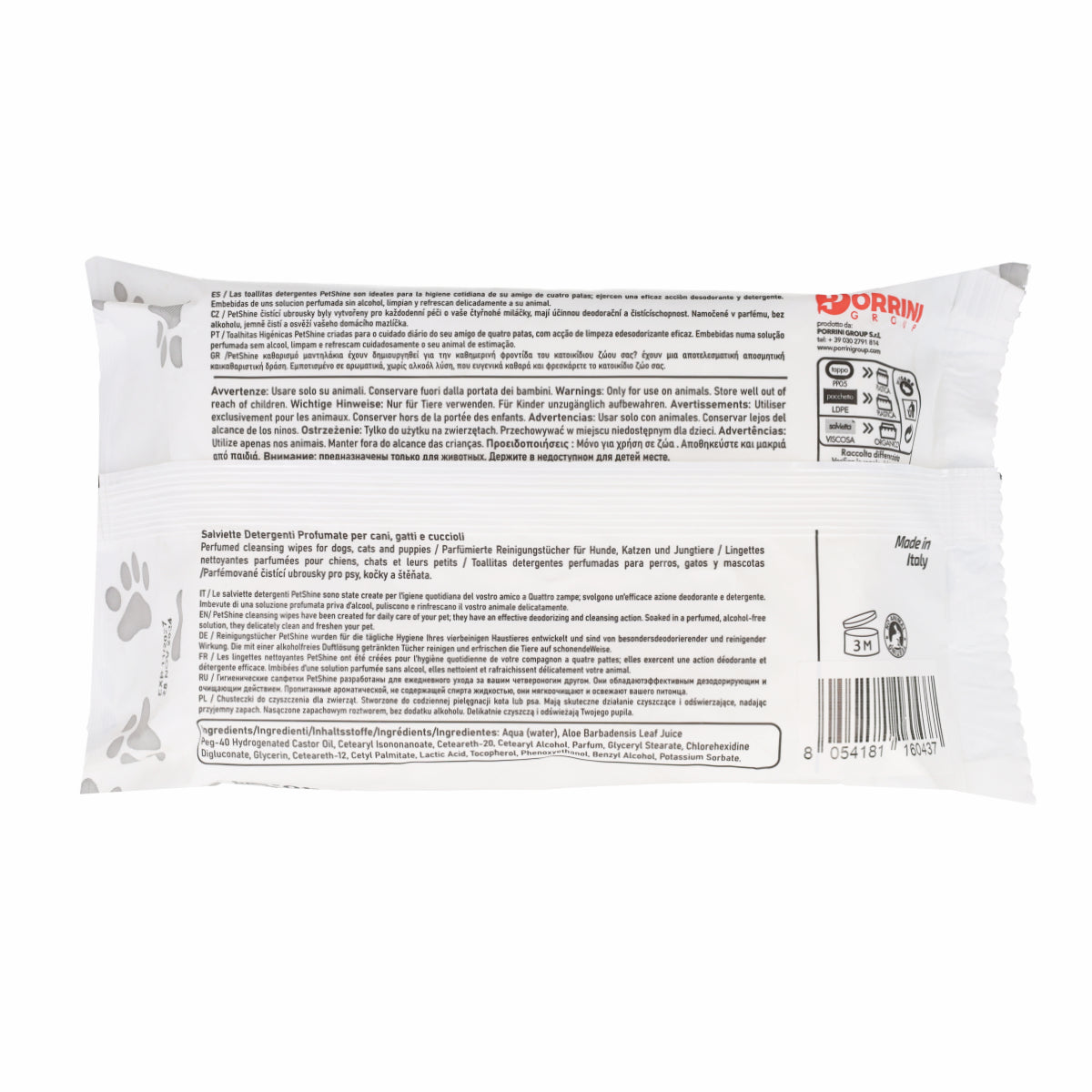 Porrini Lingettes Hygiène Chien/Chat, Eau Fraîche, 40 unités