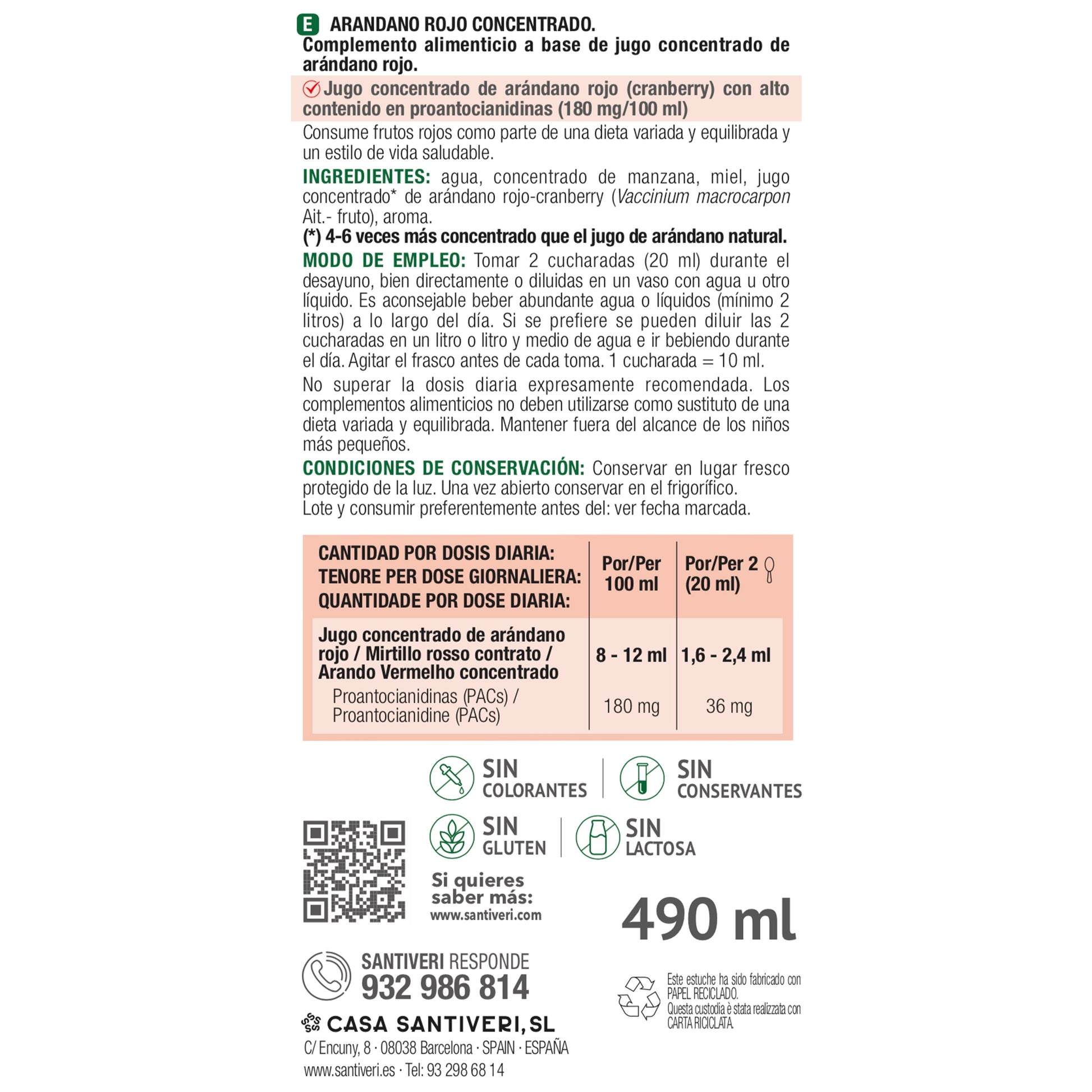 Concentré de canneberge Santiveri 490 ml