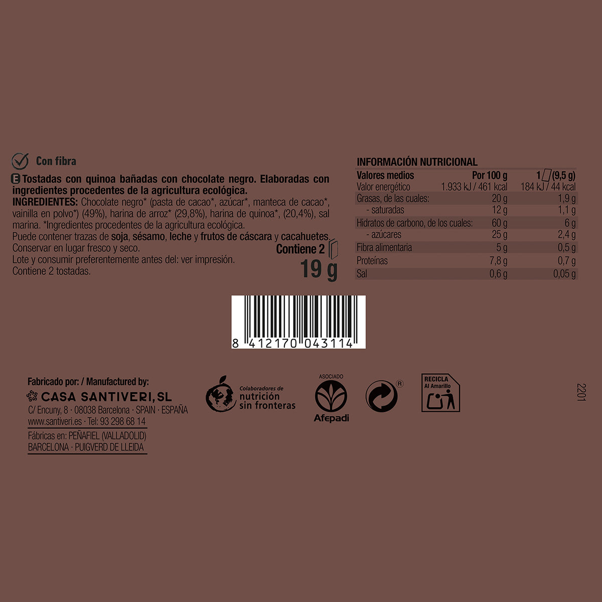 Tartines croustillantes au quinoa et au chocolat noir BIO 3x57 g