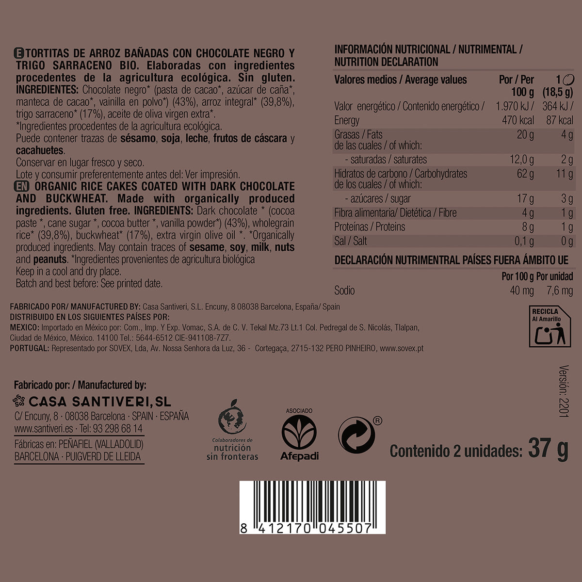 Crêpes de riz et sarrasin au chocolat noir BIO 3x37 g.
