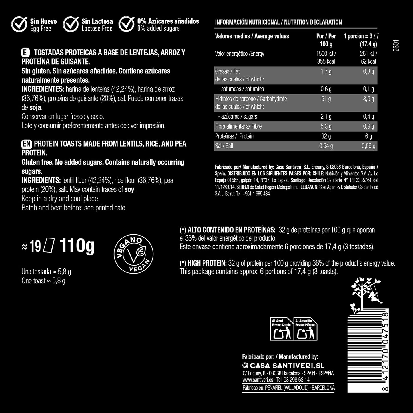 Toasts protéinées 25 grammes de Protéine Santiveri 110 gr
