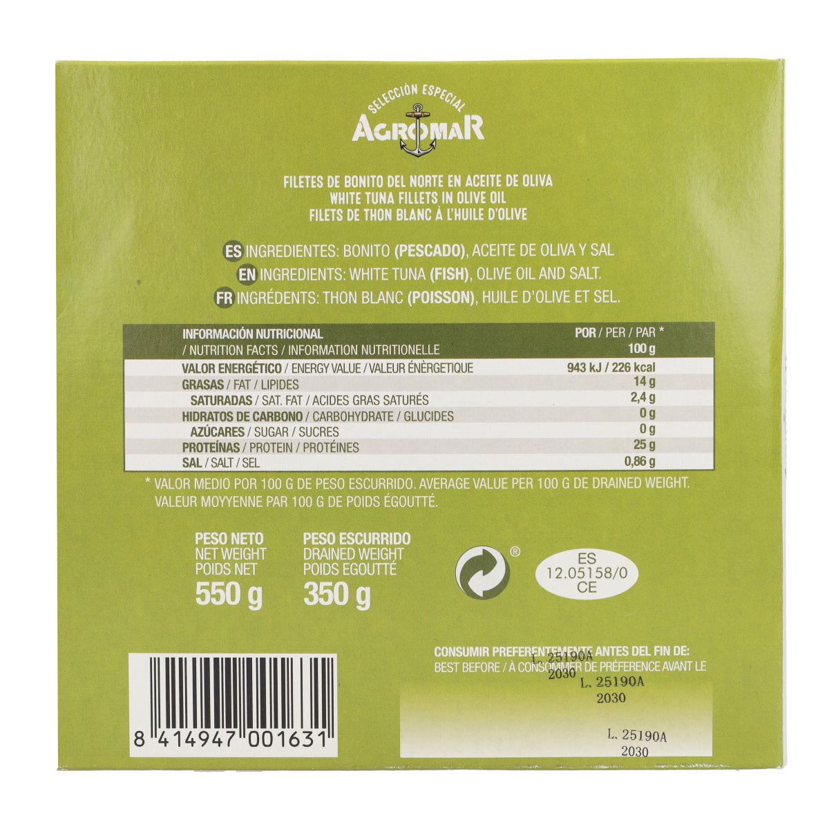 Filets de Bonite du Nord à l'Huile d'Olive Côte Cantabrique en Conserve AGROMAR 550 g (350 g égoutté)