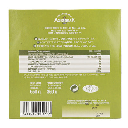 Filets de Bonite du Nord à l'Huile d'Olive Côte Cantabrique en Conserve AGROMAR 550 g (350 g égoutté)