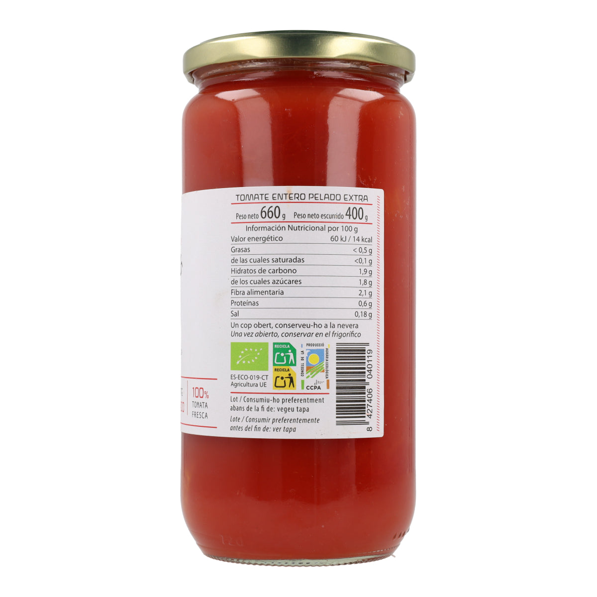 Tomates pelées entières ECO Cal Valls 660 g