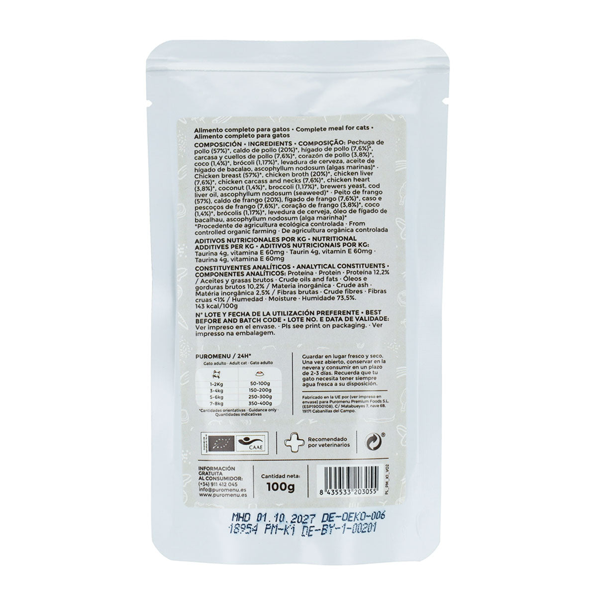 Pack Momento de ternura (Pollo) BIO Puromenu 6x100 g Comida húmeda Barf gatos