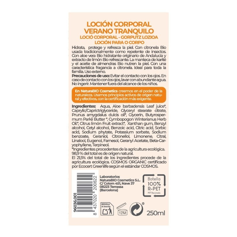 Lotion corporelle Verano Tranquilo 250 Citronnelle, NATURABIO, 250 ml