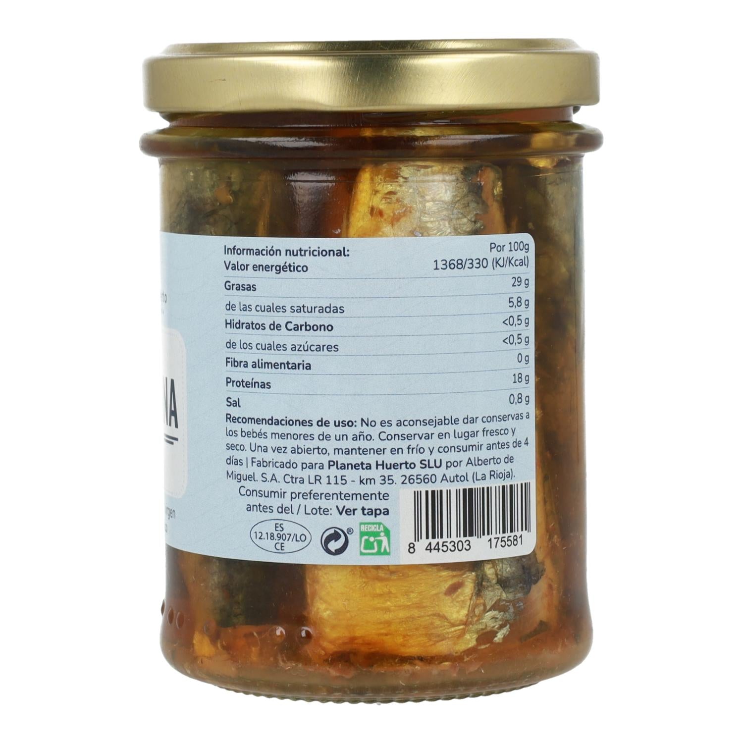Pack 6x Sardinas en aceite de oliva virgen extra ECO Planeta Huerto 190 g