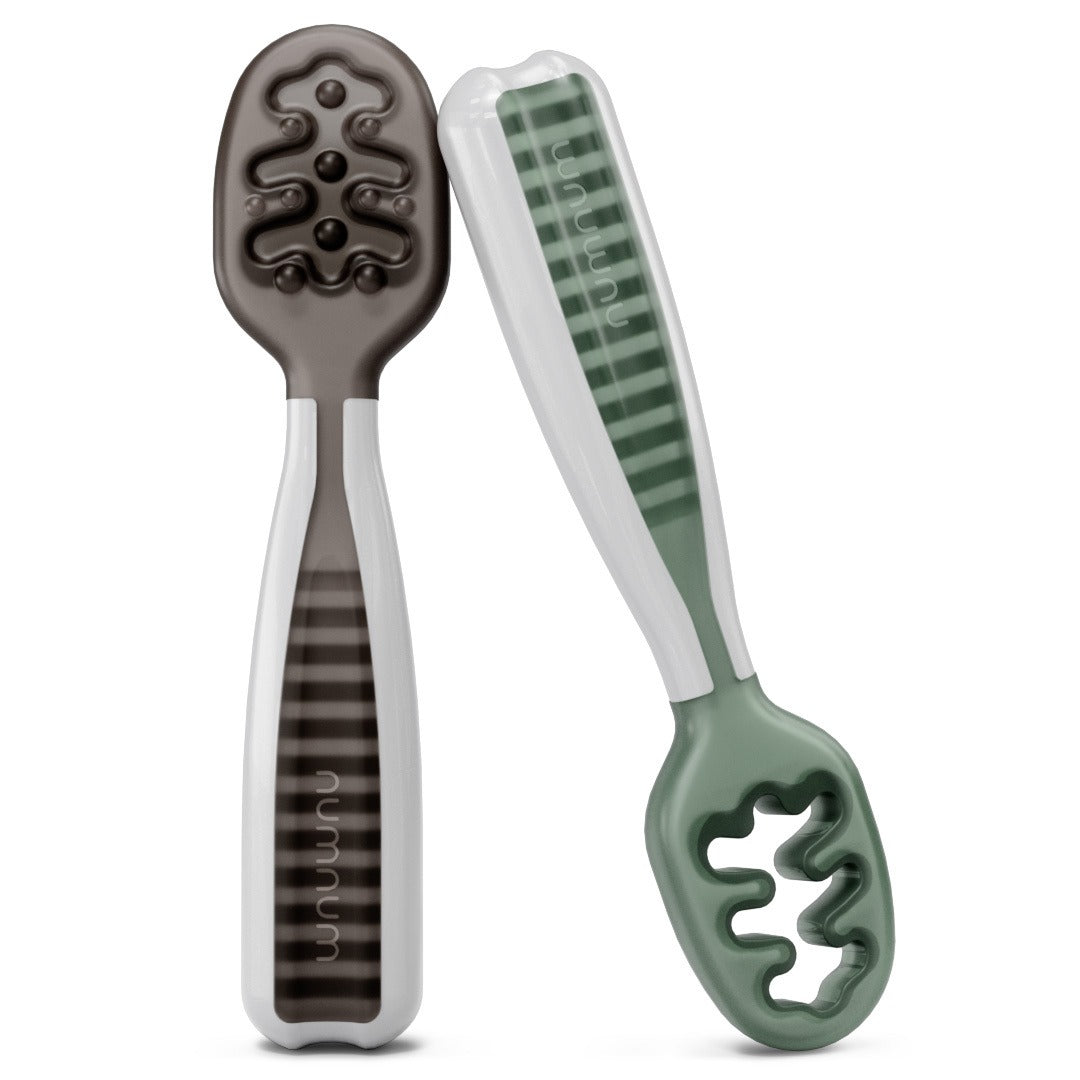 Pré-cuillères pour bébé + 6 mois NumNum lot de 2 Gris et Vert