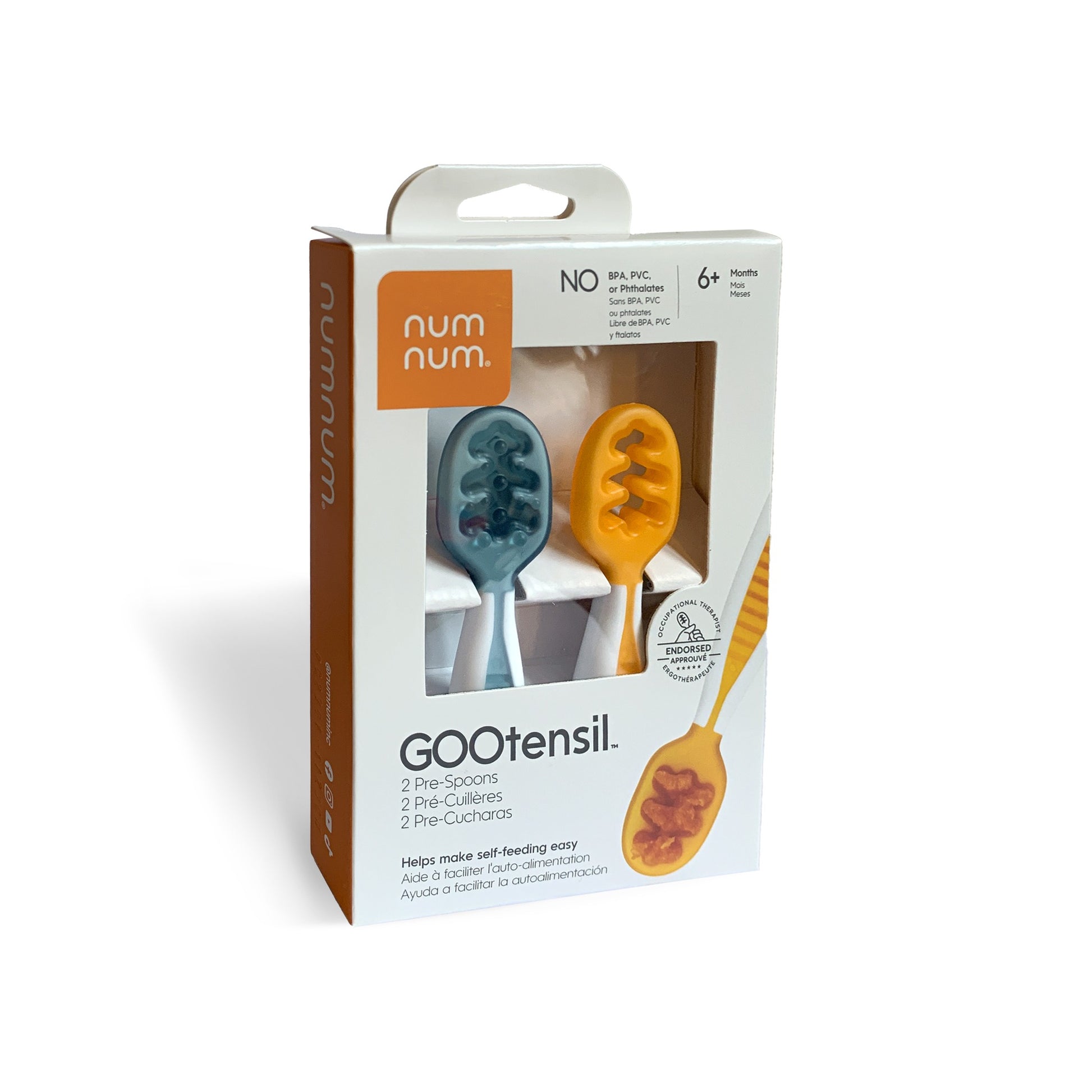 Pré-cuillères pour bébé + 6 mois NumNum lot de 2 unités Bleu et Orange