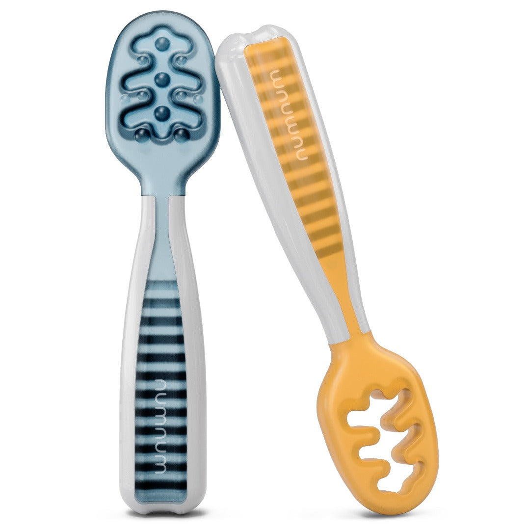 Pré-cuillères pour bébé + 6 mois NumNum lot de 2 unités Bleu et Orange