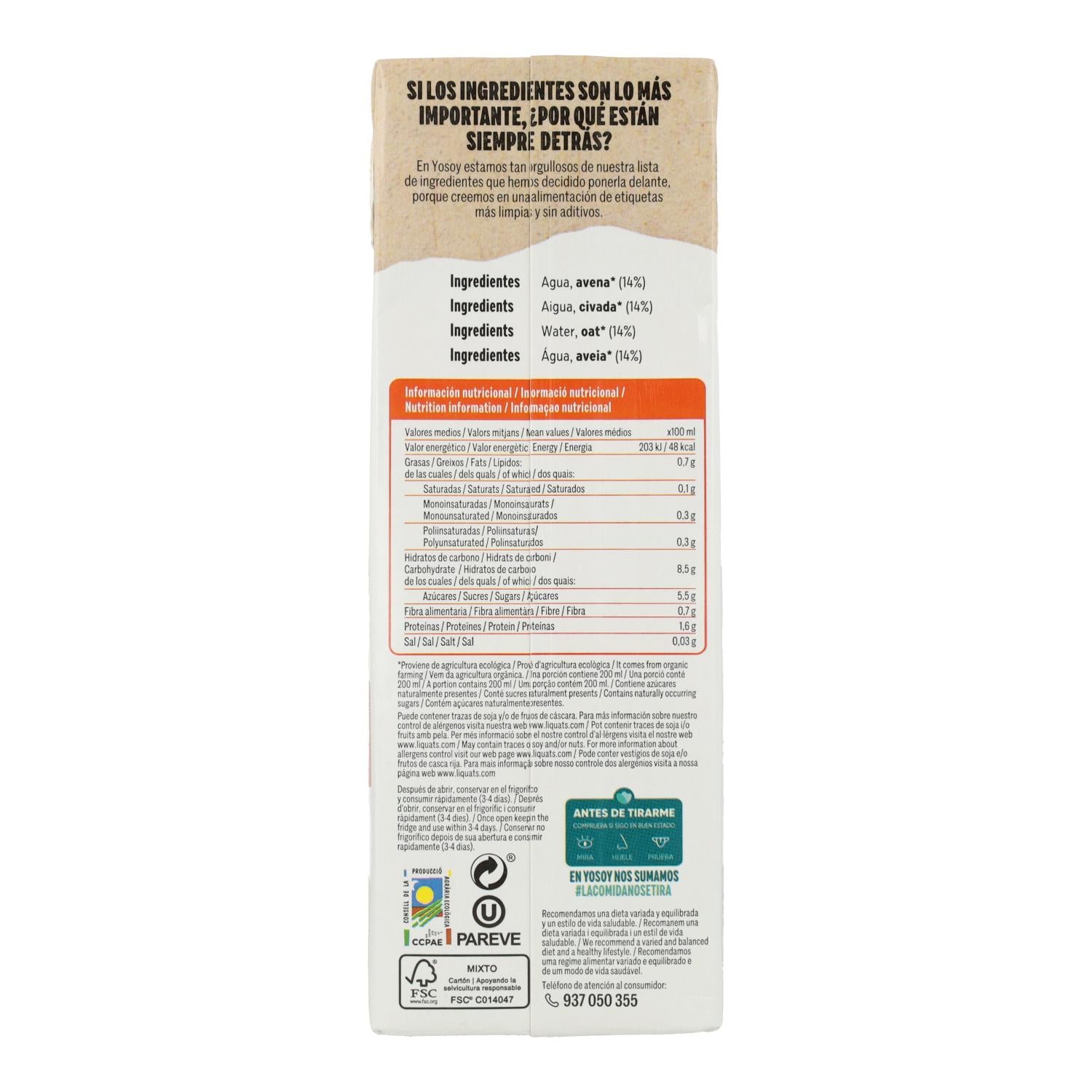 Bebida de Avena Sin Gluten Yosoy ECO 1 L