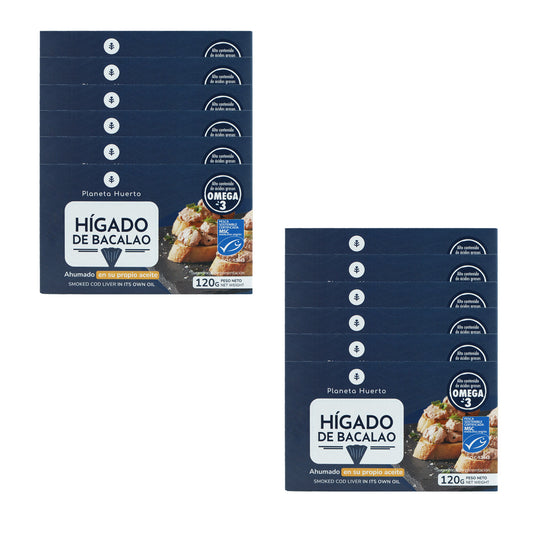Pack 12x Hígado de bacalao en su propio aceite MSC pesca sostenible Planeta Huerto 120 g