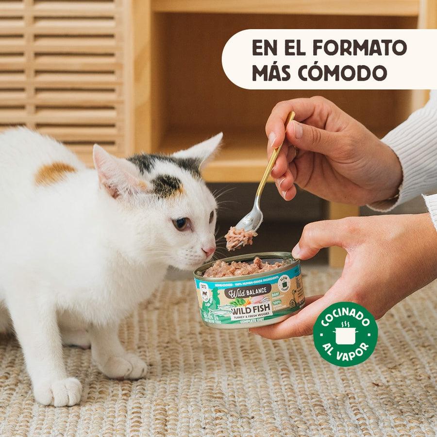 Pack 6x Lata de Pescado y Pavo BARF para gatos 120 g Wild Balance + Regalo: Tapa reutilizable para latas, Wild Balance