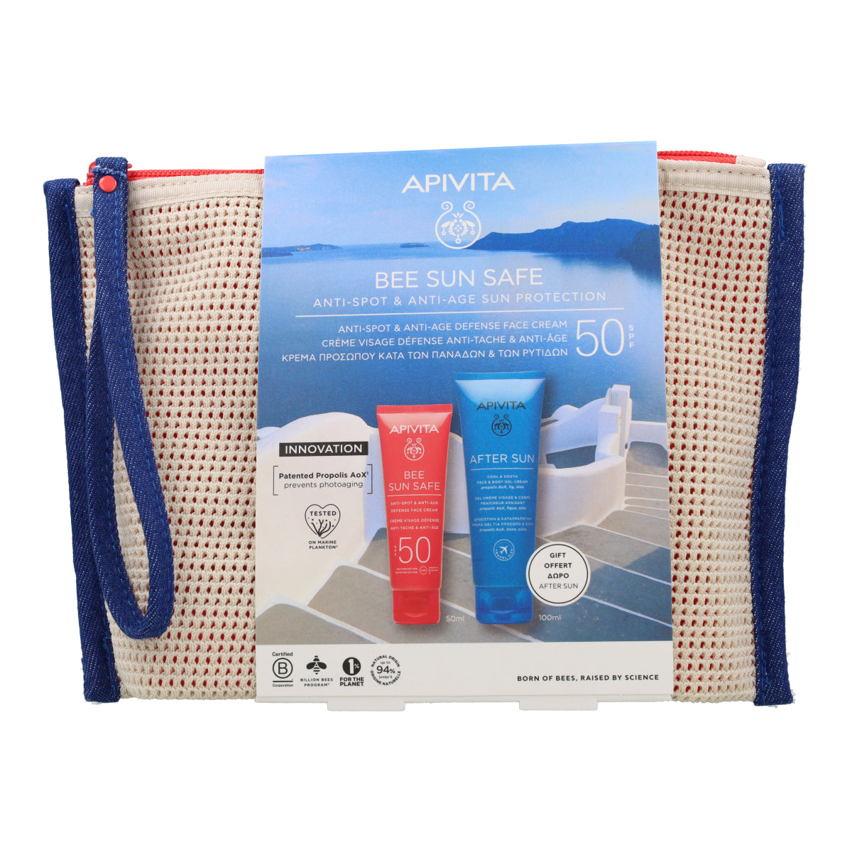 Apivita Bee Sun Safe Crème solaire visage SPF50 50 ml + Crème-gel rafraîchissante et apaisante 100 ml + Trousse