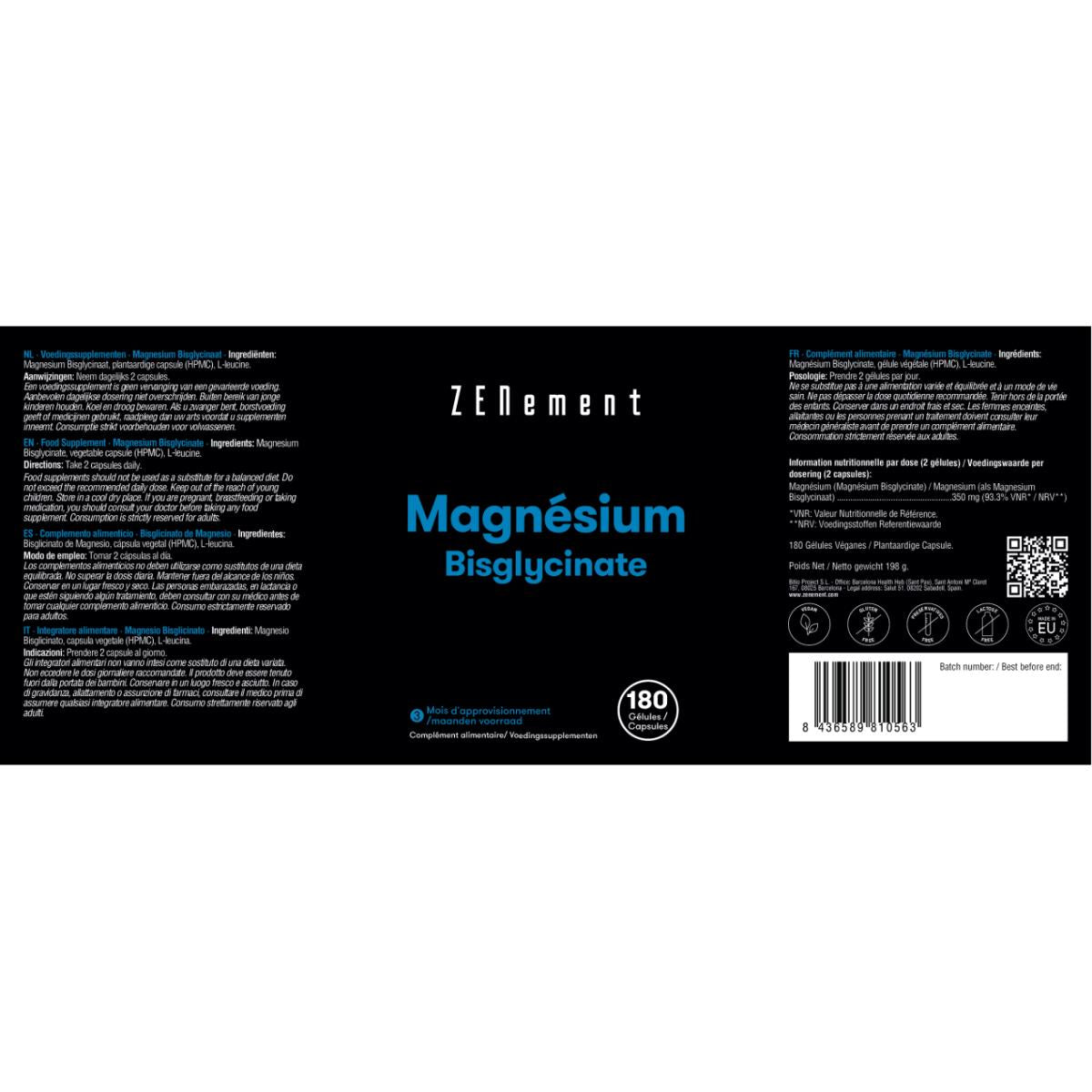 Bisglicinato de Magnesio Zenement, 180 comprimidos