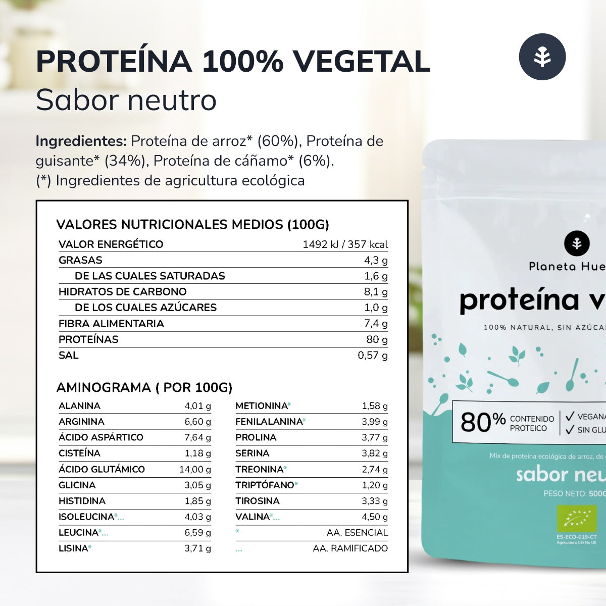 Proteína vegana ECO neutra 80% Planeta Huerto 500 g