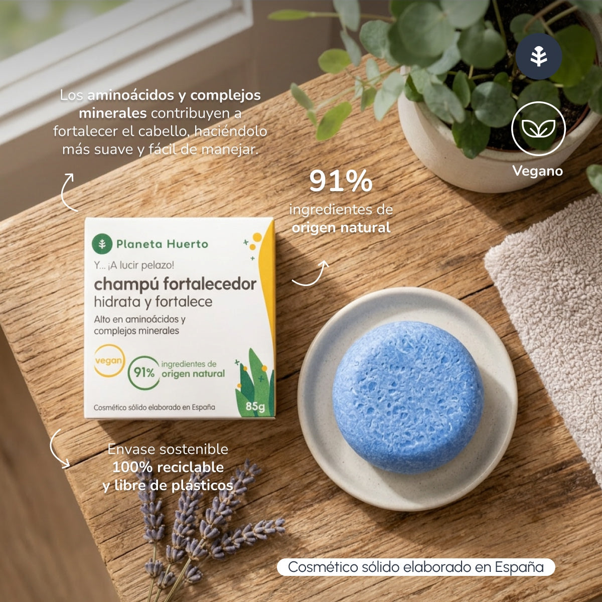Shampooing fortifiant solide aux acides aminés Planeta Huerto 85 g