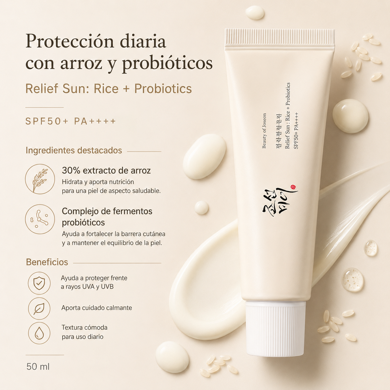 Crème Solaire SPF50 Riz & Probiotiques Relief Sun Beauty Of Joseon 50 ml
