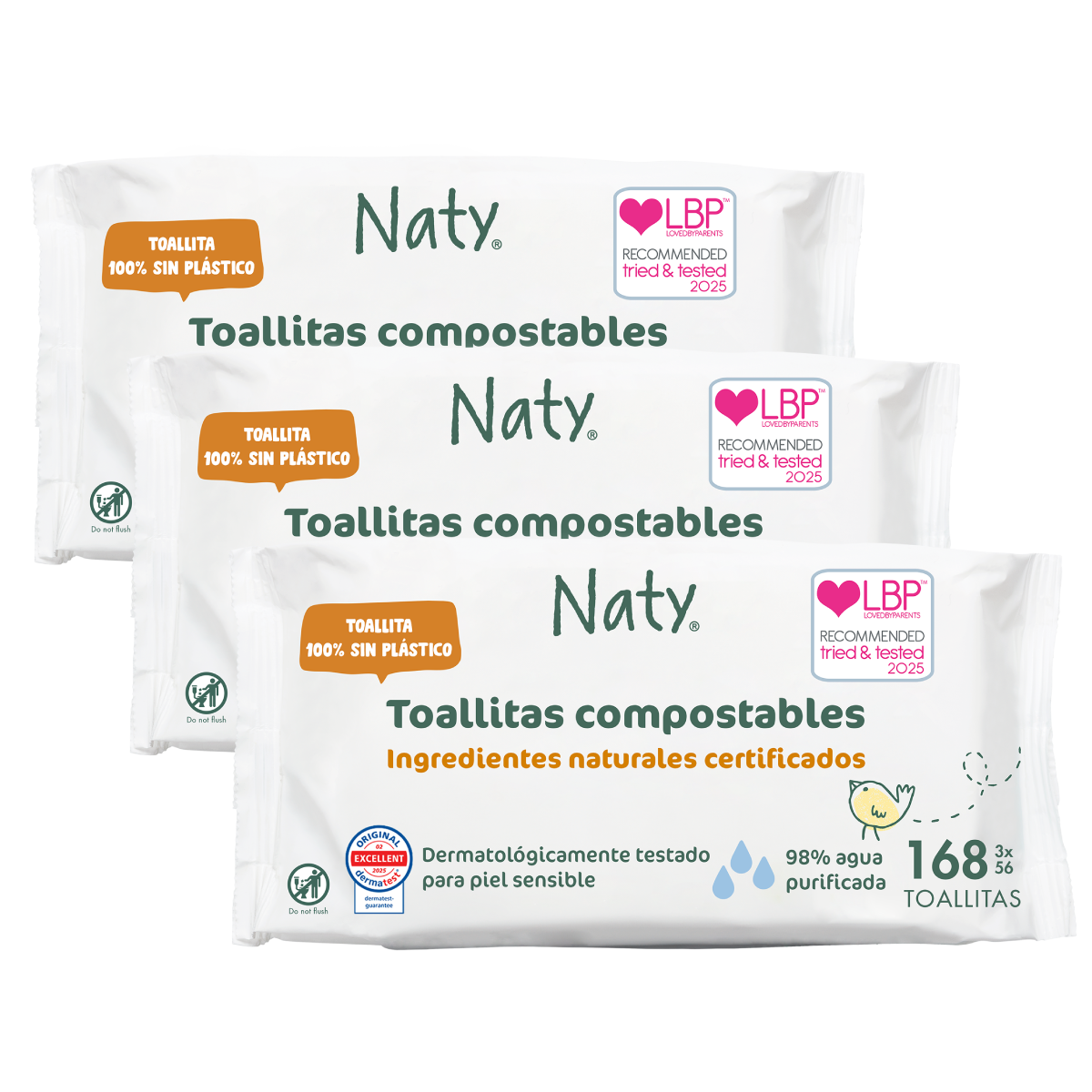 Pack 3 lingettes compostables Naty  3x56 unités