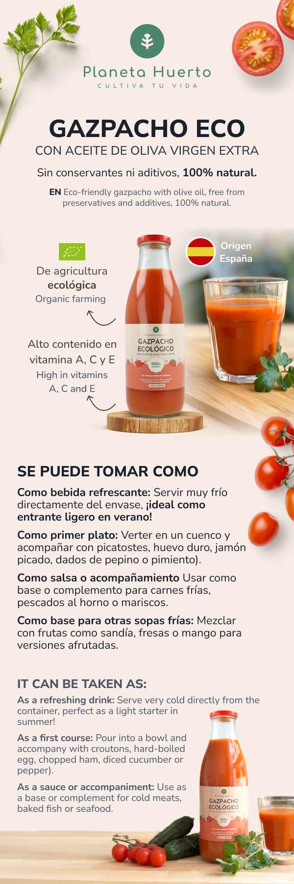 Gazpacho traditionnel ECO avec huile d'olive vierge extra Planeta Huerto 1 L